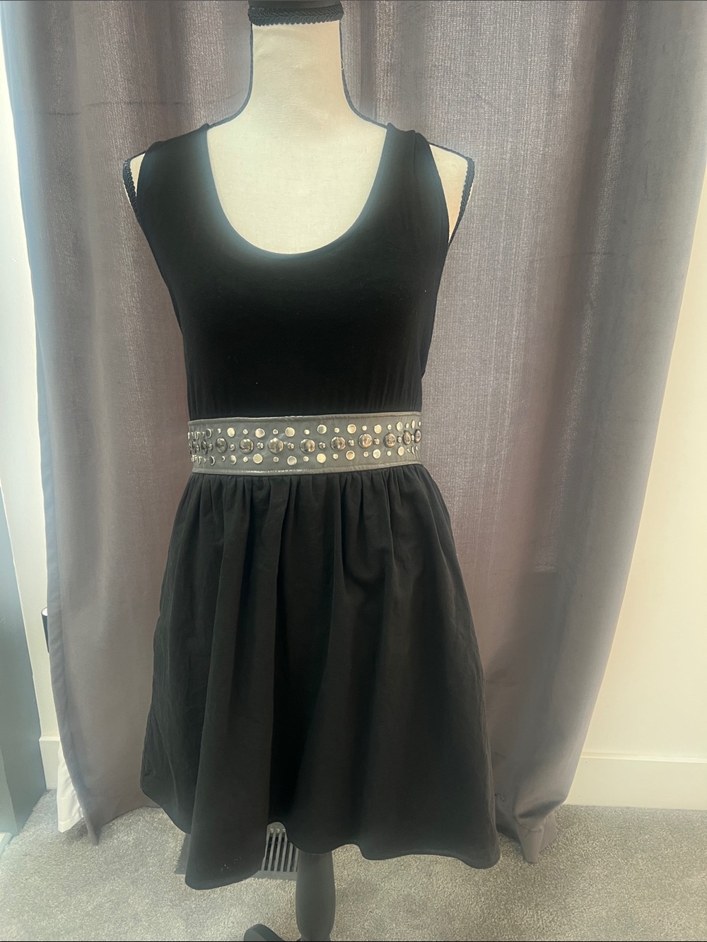 bebe Black Sleeveless Mini Dress with Studded Waistband Detail